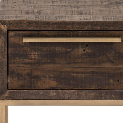 18" Antiqued Brass And Brown Reclaimed Wood End Table With Drawer HomeRoots