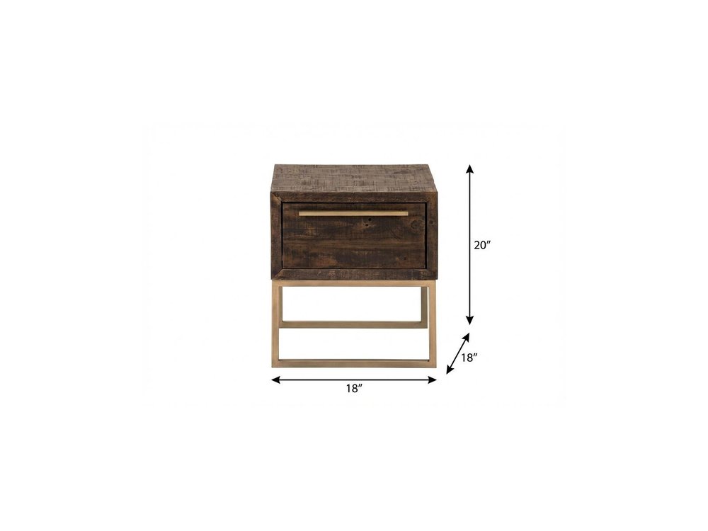 18" Antiqued Brass And Brown Reclaimed Wood End Table With Drawer HomeRoots