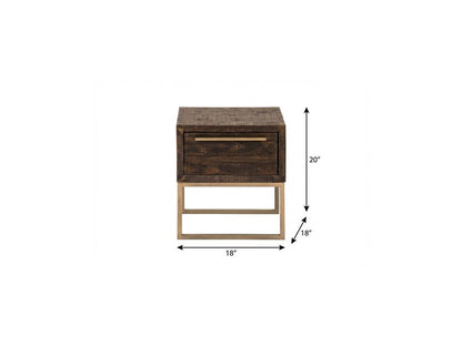 18" Antiqued Brass And Brown Reclaimed Wood End Table With Drawer HomeRoots