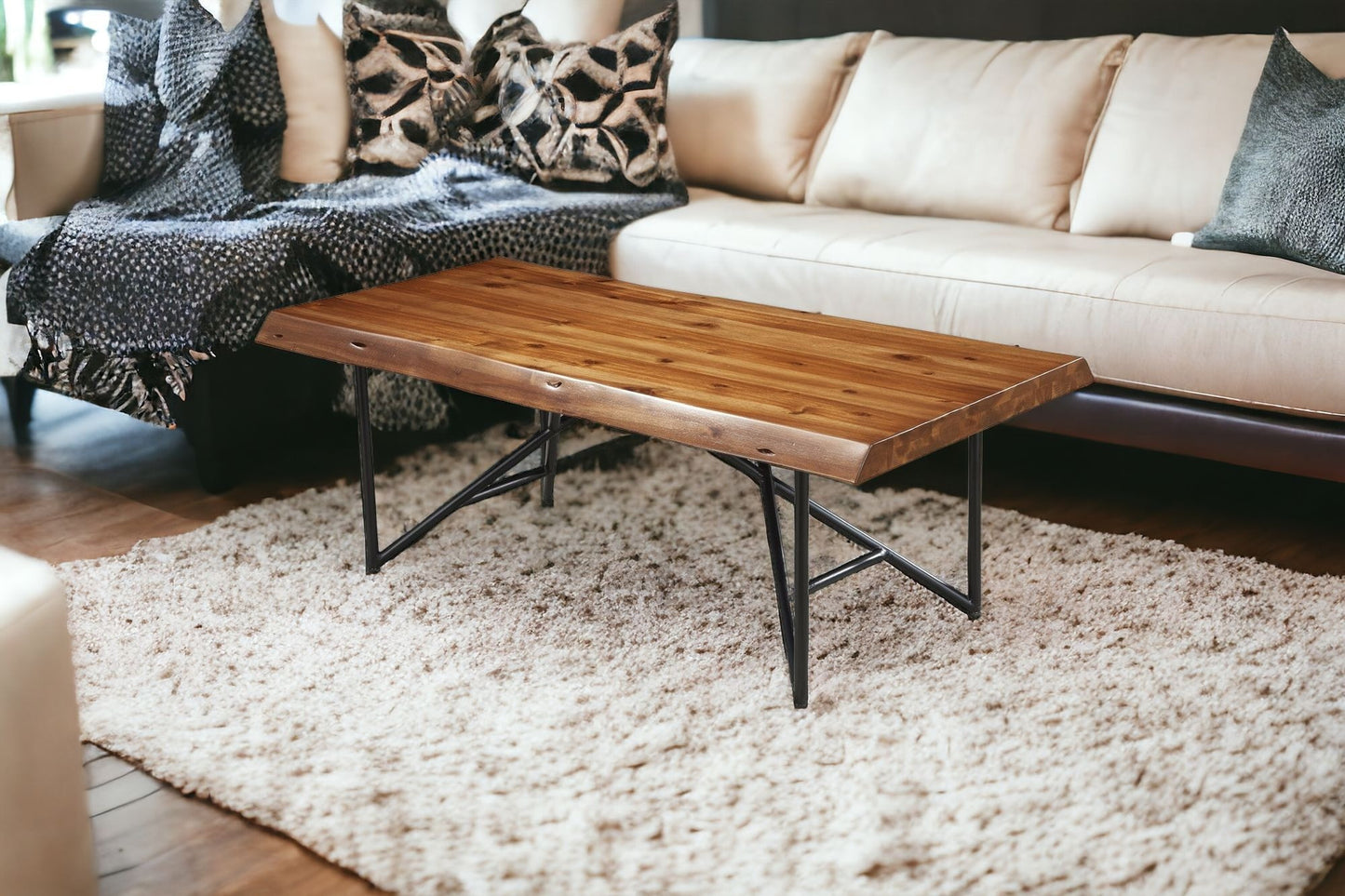 50" Brown And Black Solid Wood And Metal Coffee Table