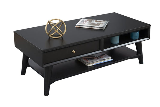 48" Black Solid And Manufactured Wood Coffee Table With Drawer HomeRoots