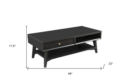 48" Black Solid And Manufactured Wood Coffee Table With Drawer