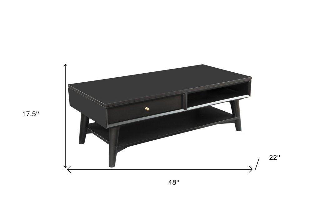 48" Black Solid And Manufactured Wood Coffee Table With Drawer HomeRoots
