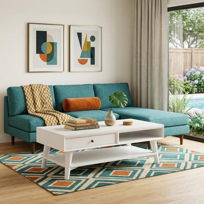 48" White Solid And Manufactured Wood Coffee Table With Drawer HomeRoots