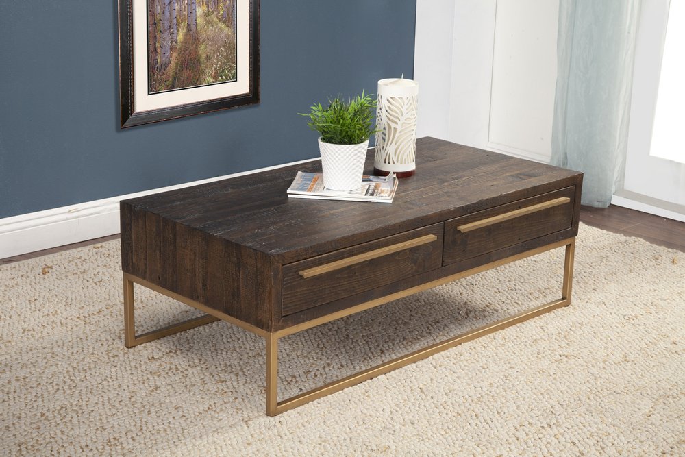 47" Dark Brown And Gold Metal Coffee Table With Drawer HomeRoots