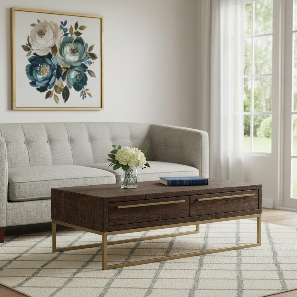 47" Dark Brown And Gold Metal Coffee Table With Drawer HomeRoots