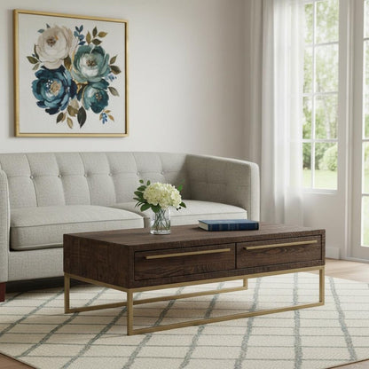 47" Dark Brown And Gold Metal Coffee Table With Drawer HomeRoots