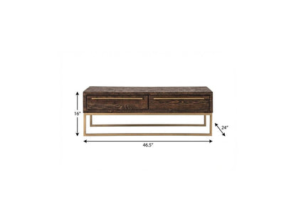 47" Dark Brown And Gold Metal Coffee Table With Drawer HomeRoots