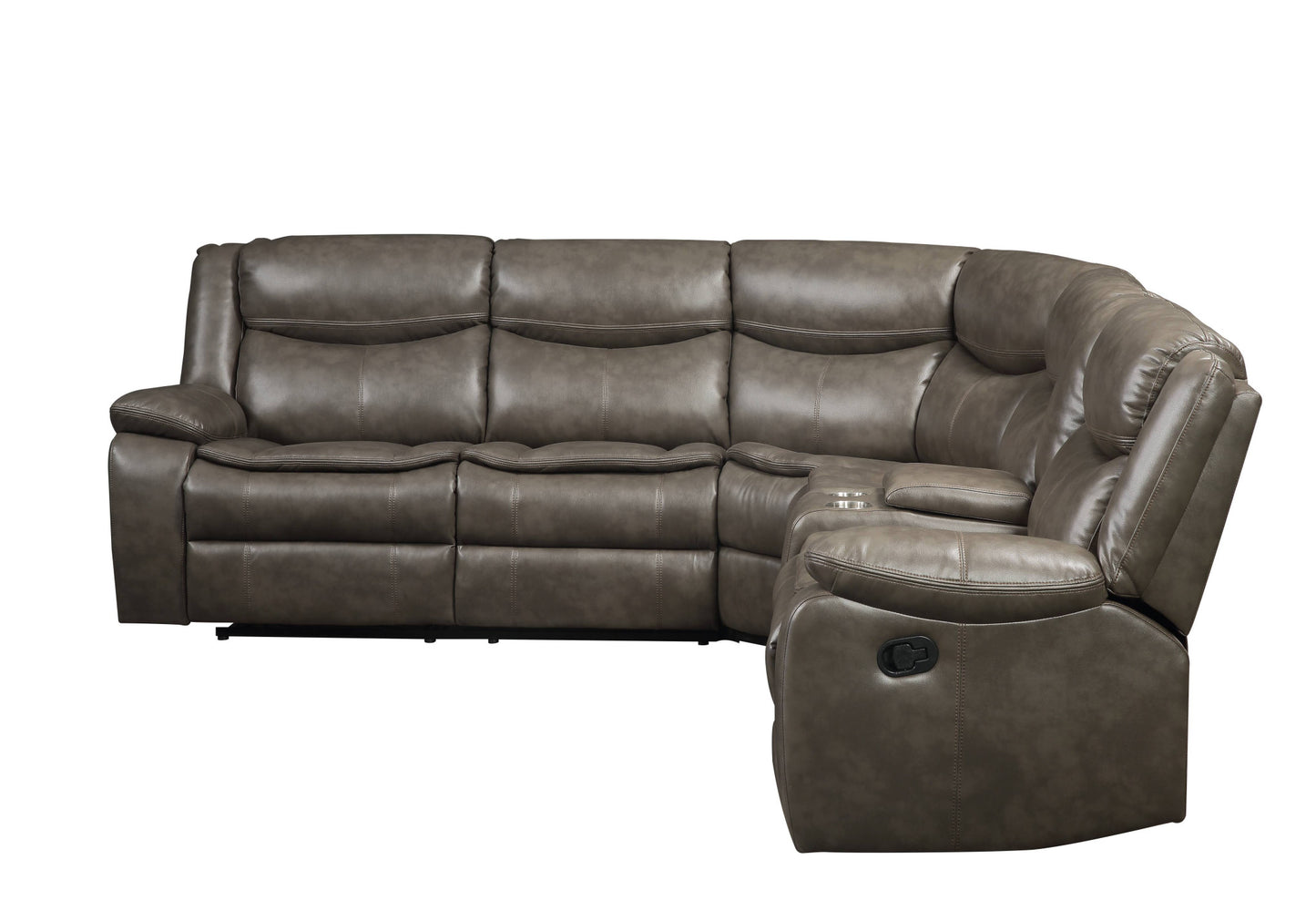 Taupe Faux Leather Reclining L Shaped Six Piece Corner Sectional With Console
