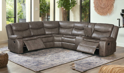 Taupe Faux Leather Reclining L Shaped Six Piece Corner Sectional With Console