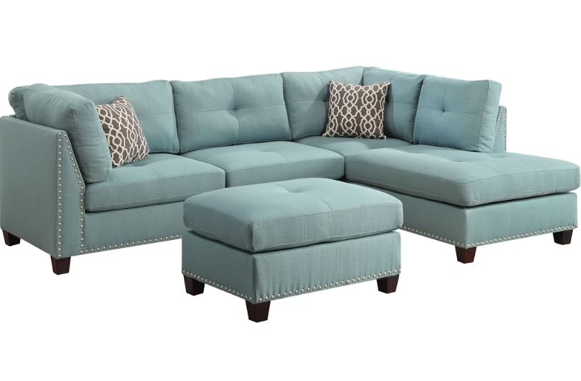 Teal Blue Linen L Shaped Three Piece Sofa and Chaise Sectional And Toss Pillows