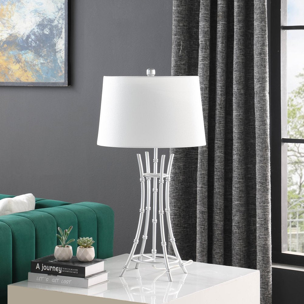 29" Silver Bamboo Design Table Lamp With Off White Drum Shade HomeRoots