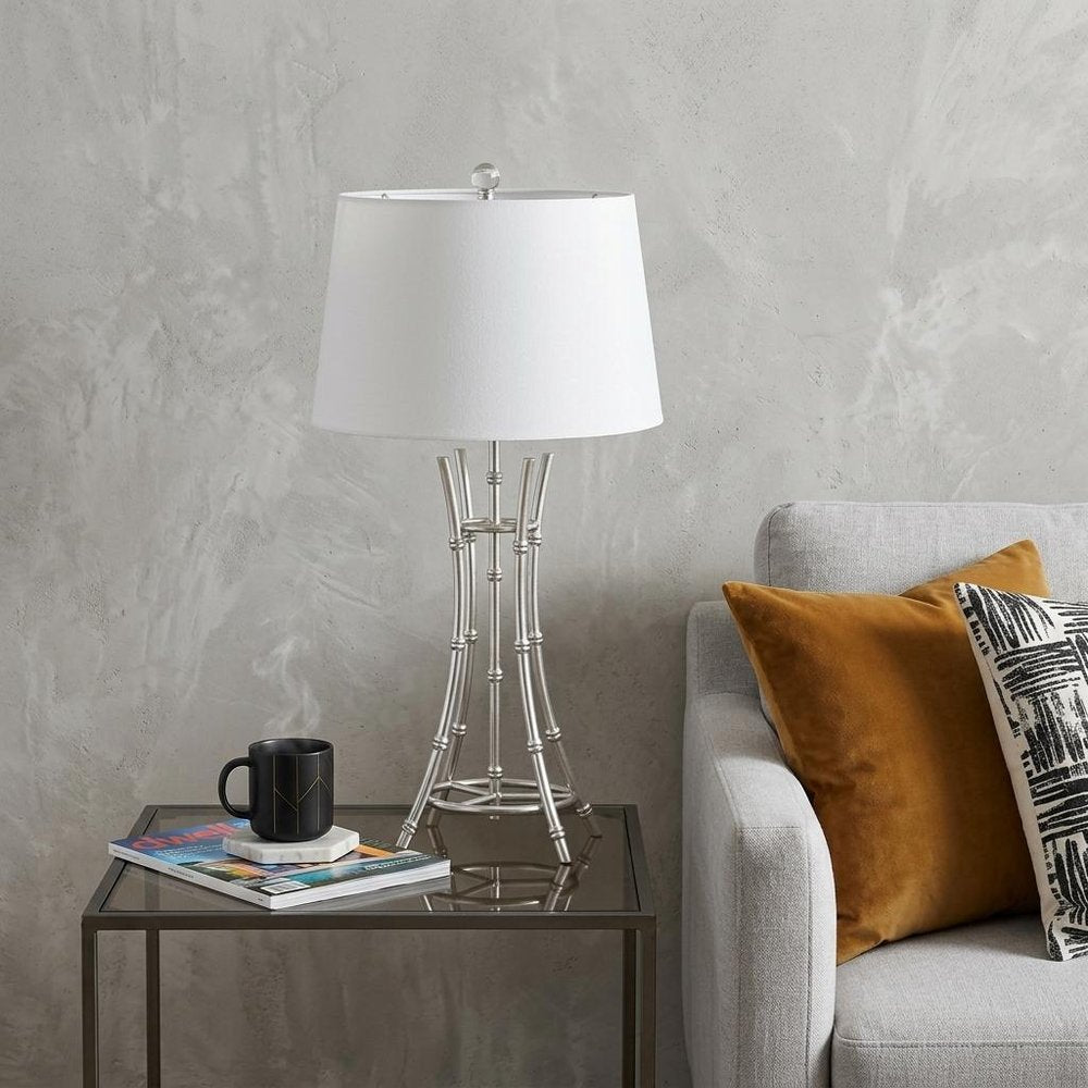 29" Silver Bamboo Design Table Lamp With Off White Drum Shade HomeRoots