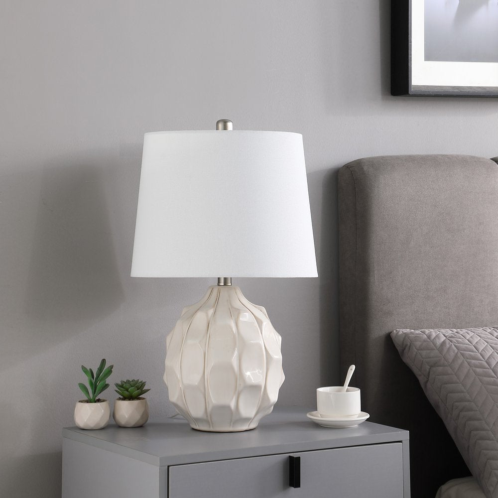 22" Cream Ceramic Faceted Table Lamp With Off White Drum Shade HomeRoots