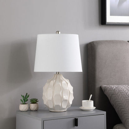 22" Cream Ceramic Faceted Table Lamp With Off White Drum Shade HomeRoots