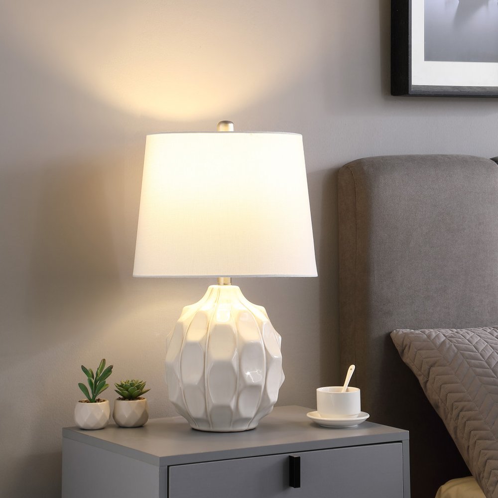 22" Cream Ceramic Faceted Table Lamp With Off White Drum Shade HomeRoots