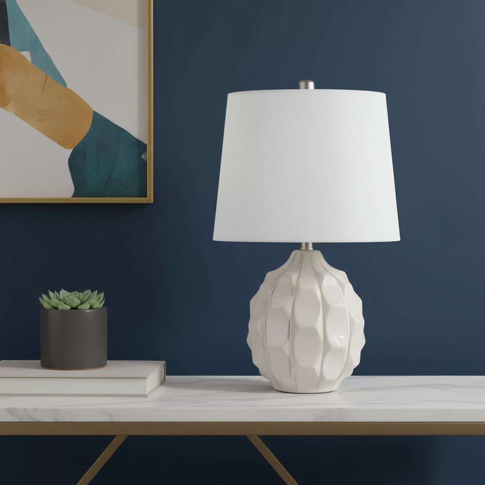 22" Cream Ceramic Faceted Table Lamp With Off White Drum Shade HomeRoots