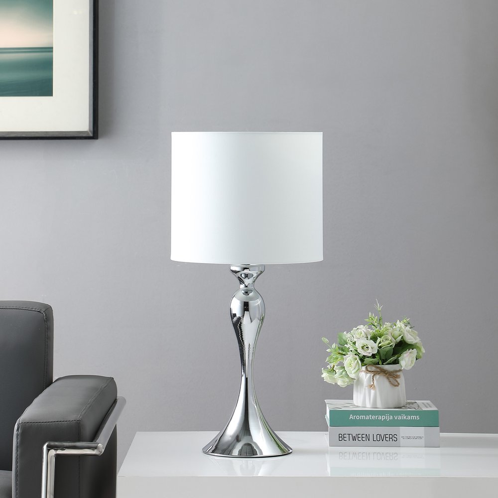 25" Silver Sleek Table Lamp With Off White Drum Shade HomeRoots