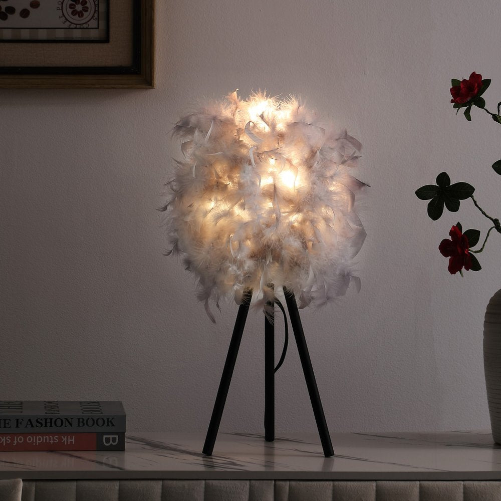 21" Soft Gray Feather Shade Modern Tripod Metal Table Lamp HomeRoots