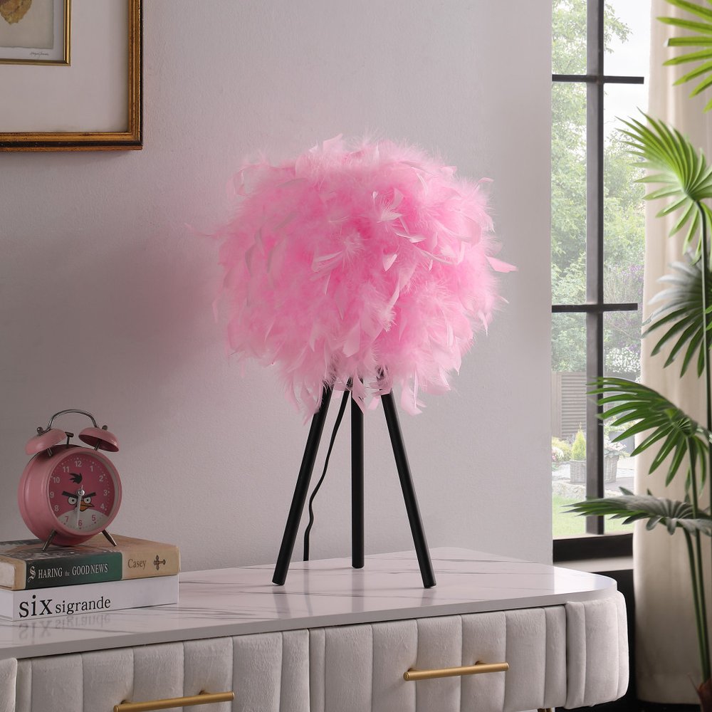 21" Black And Pink Faux Feather Tripod Table Lamp HomeRoots