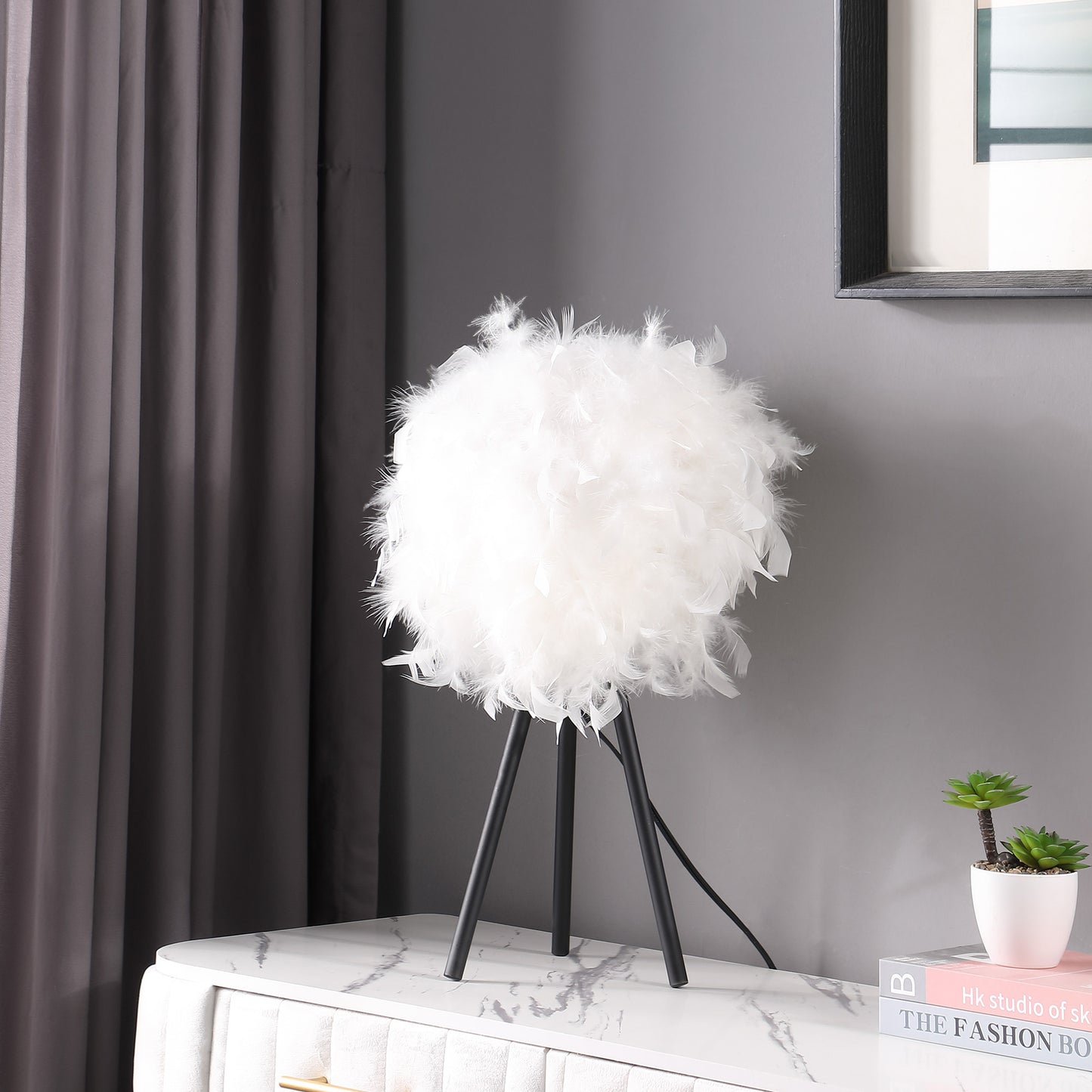 21" Black and White Faux Feather Tripod Table Lamp