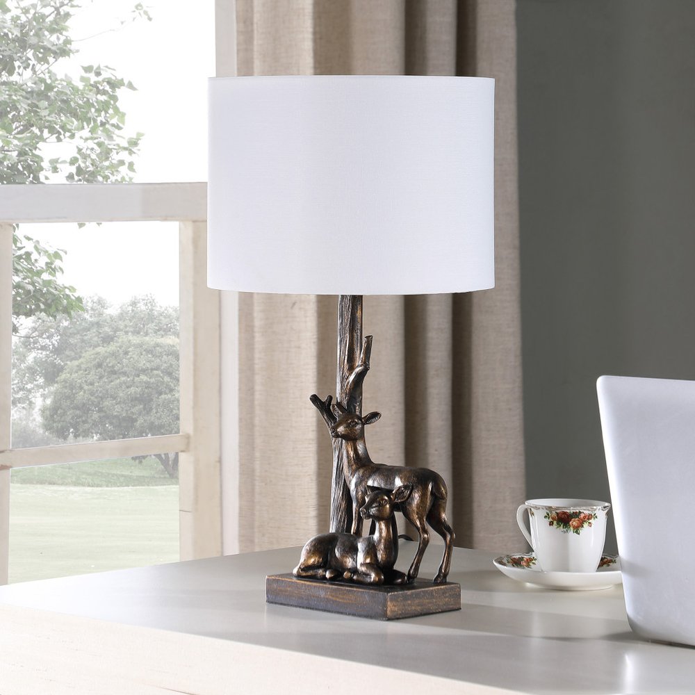 20" Bronze Mom and Baby Deer Table Lamp With White Drum Shade — view 2