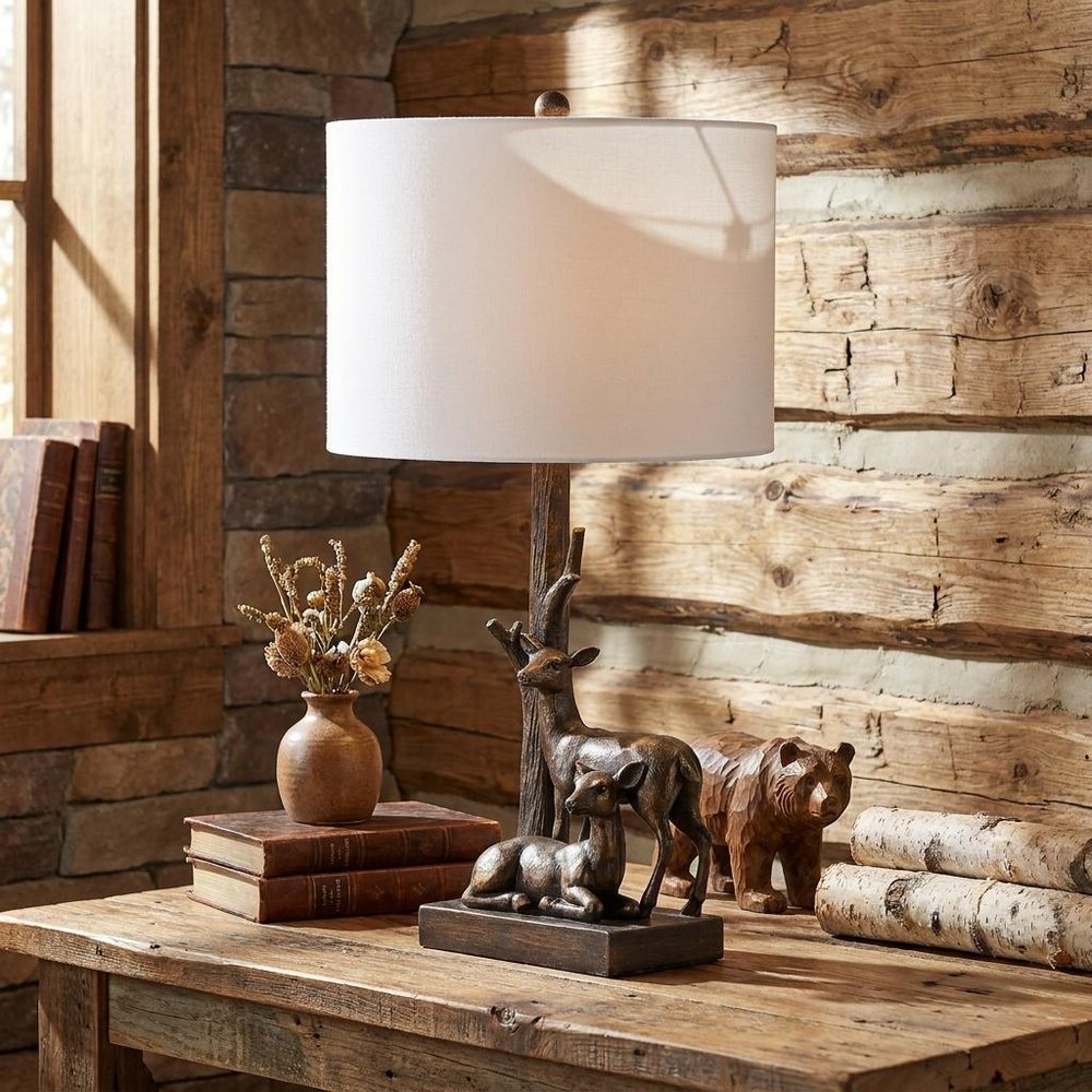 20" Bronze Mom and Baby Deer Table Lamp With White Drum Shade HomeRoots