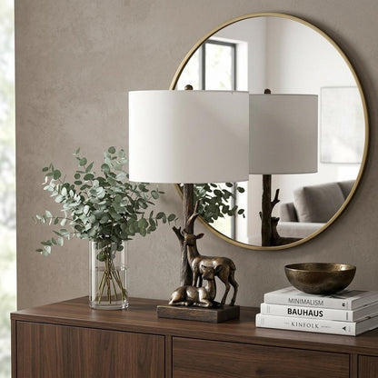 20" Bronze Mom and Baby Deer Table Lamp With White Drum Shade HomeRoots