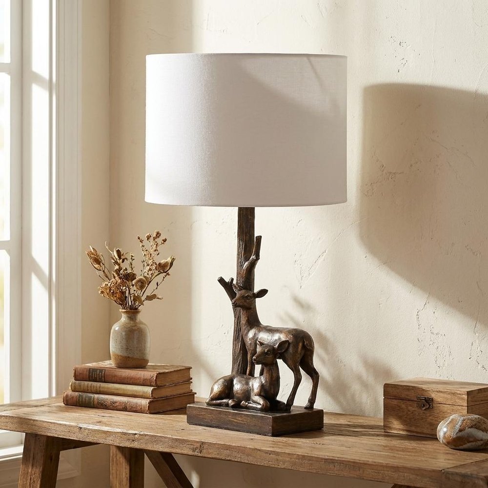 20" Bronze Mom and Baby Deer Table Lamp With White Drum Shade HomeRoots