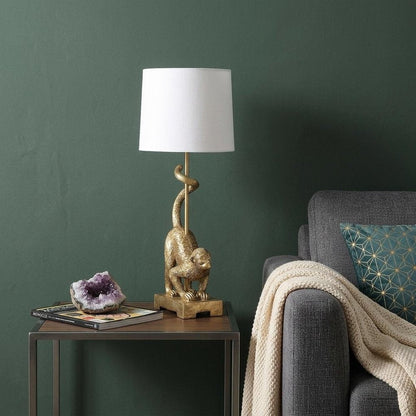 24" Gold Monkey Table Lamp With White Drum Shade HomeRoots