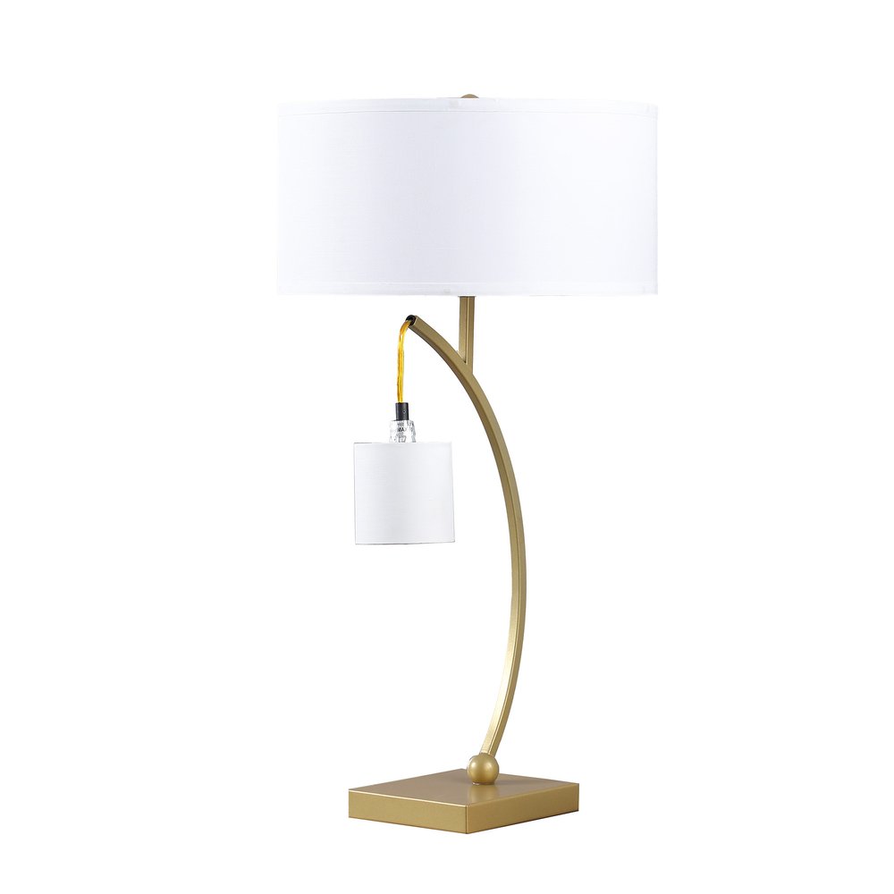 29" Gold Metal Two Light Arched Table Lamp With White Drum Shade — view 1