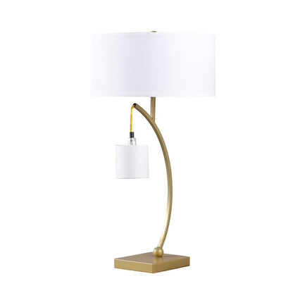 29" Gold Metal Two Light Arched Table Lamp With White Drum Shade HomeRoots