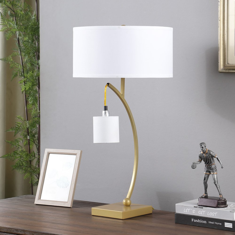 29" Gold Metal Two Light Arched Table Lamp With White Drum Shade HomeRoots