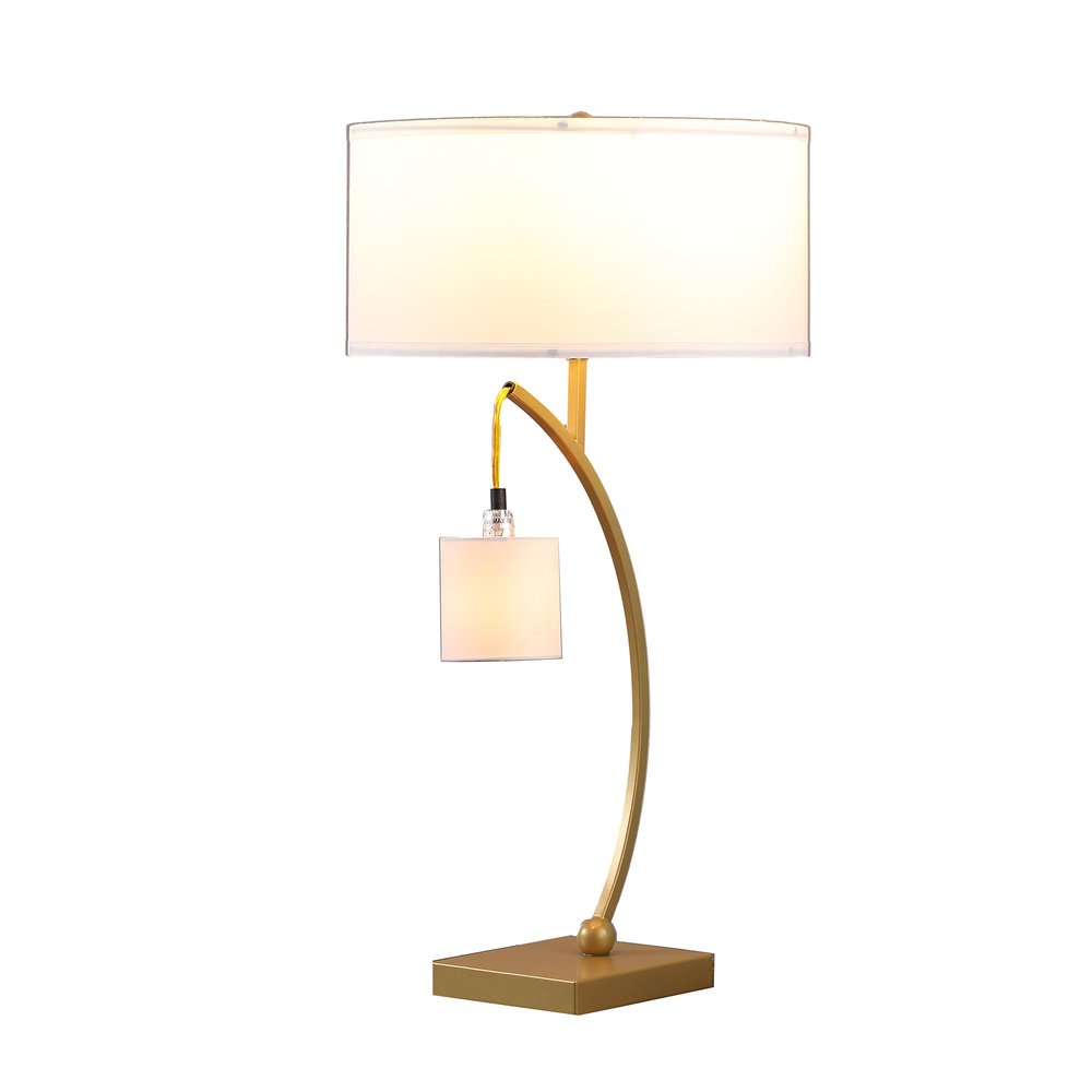 29" Gold Metal Two Light Arched Table Lamp With White Drum Shade — view 2