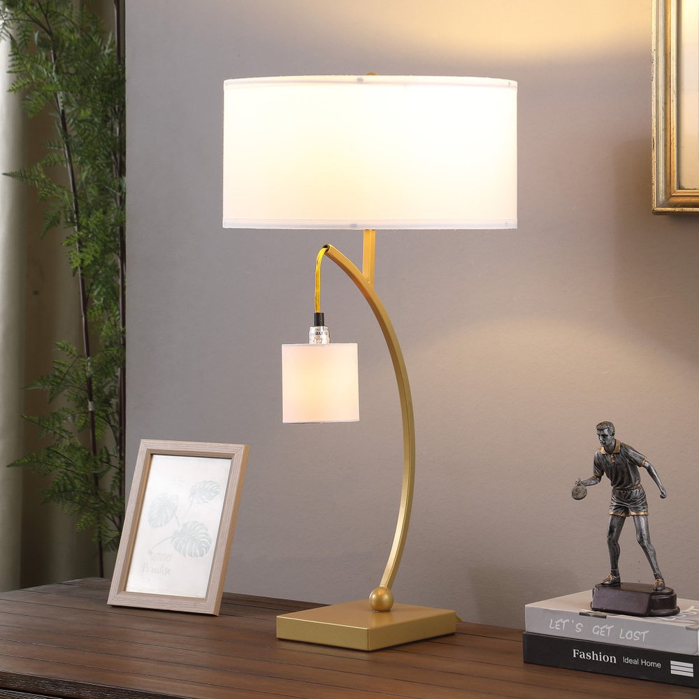 29" Gold Metal Two Light Arched Table Lamp With White Drum Shade HomeRoots