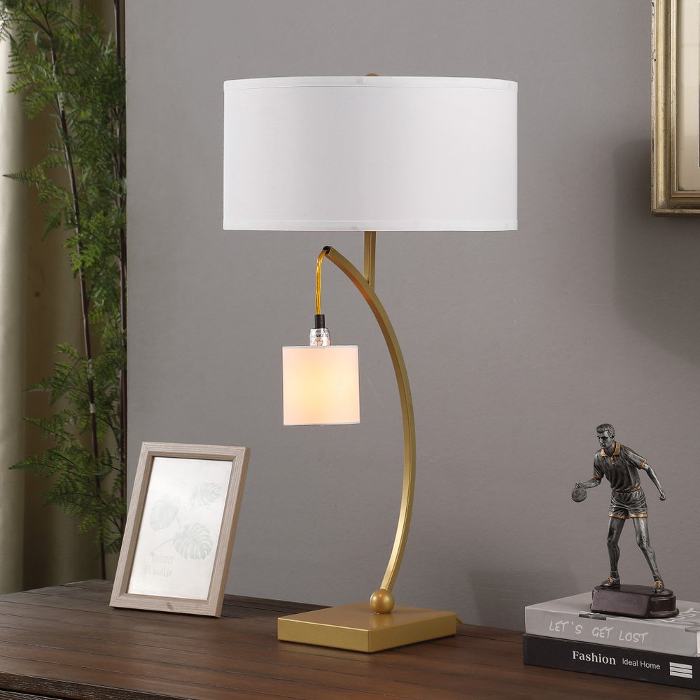 29" Gold Metal Two Light Arched Table Lamp With White Drum Shade HomeRoots