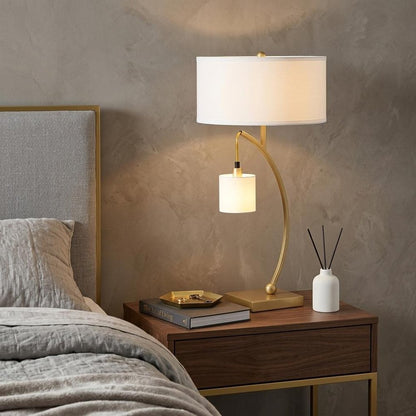29" Gold Metal Two Light Arched Table Lamp With White Drum Shade HomeRoots