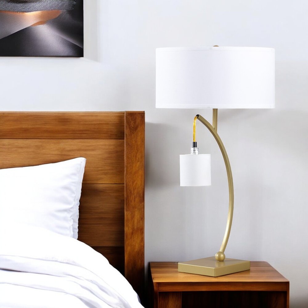 29" Gold Metal Two Light Arched Table Lamp With White Drum Shade HomeRoots