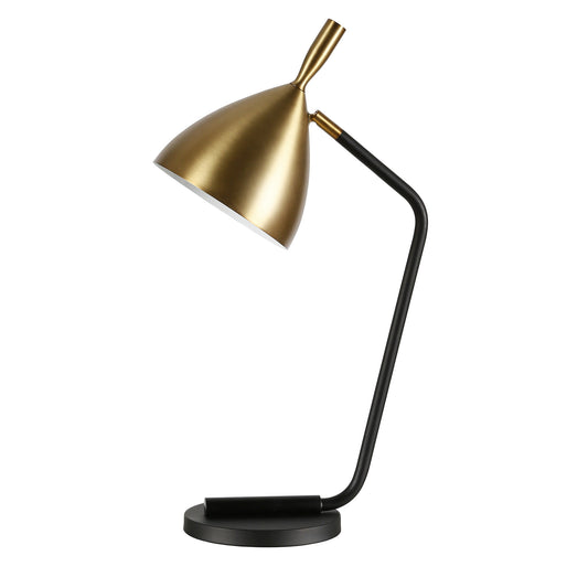 23" Black Metal Desk Table Lamp With Gold Bowl Shade