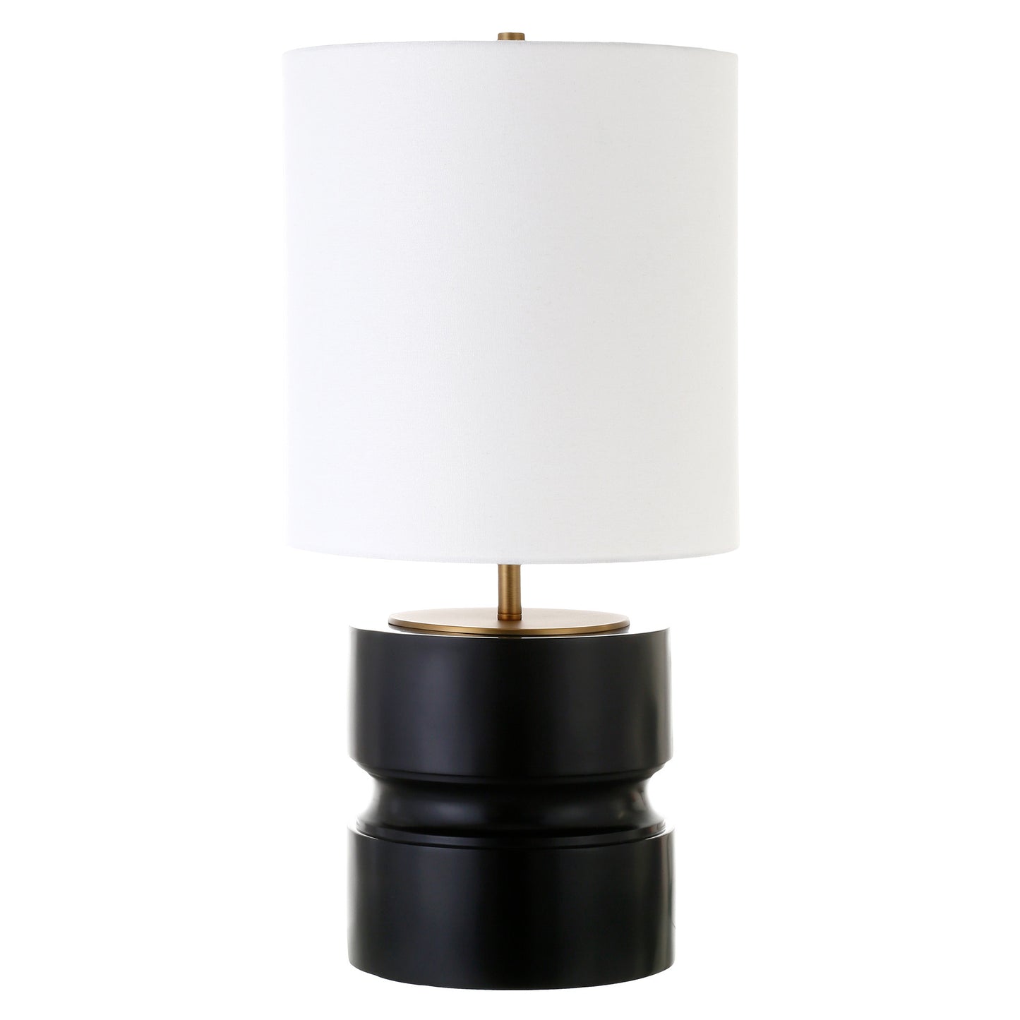 27" Beige and Gold Metal Geometric Table Lamp With White Drum Shade