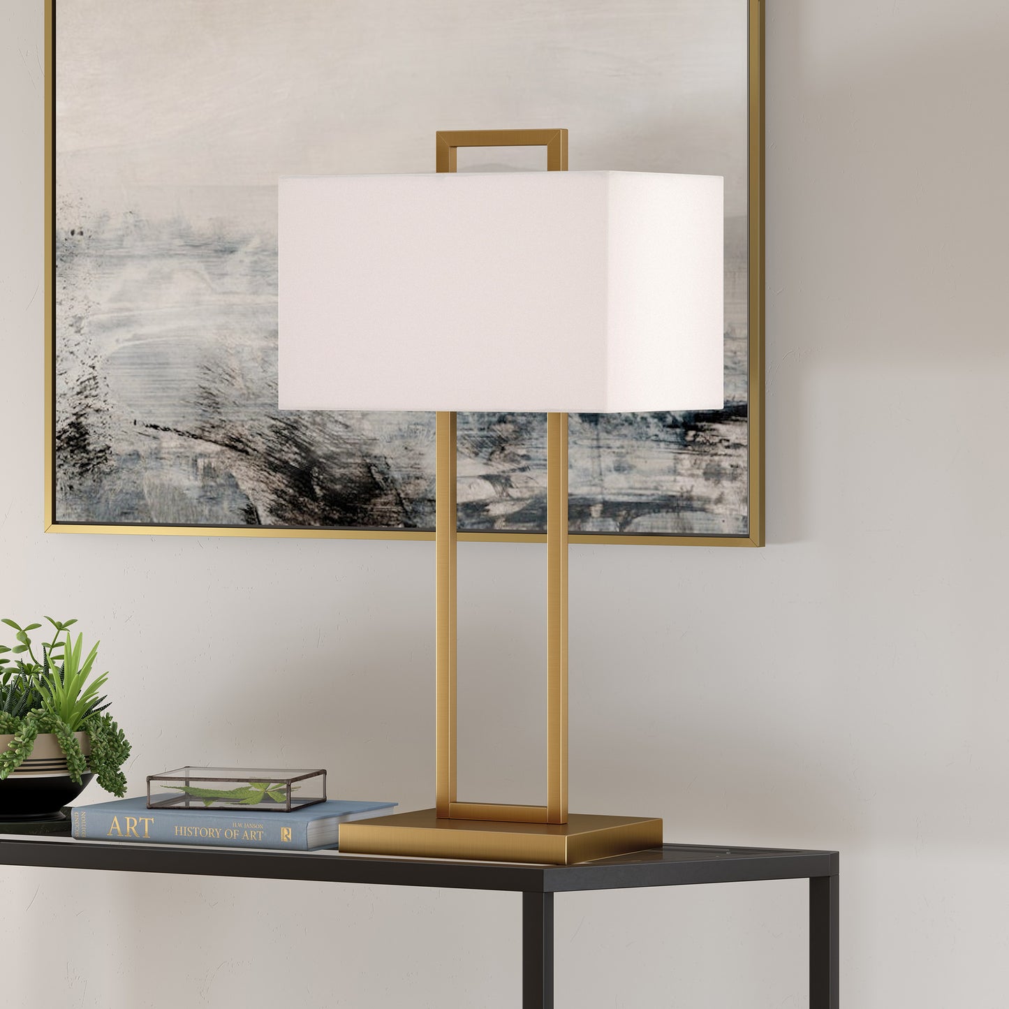 28" Brass Metal Table Lamp With White Shade