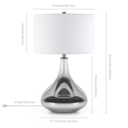 25" Nickel Glass Table Lamp With White Drum Shade