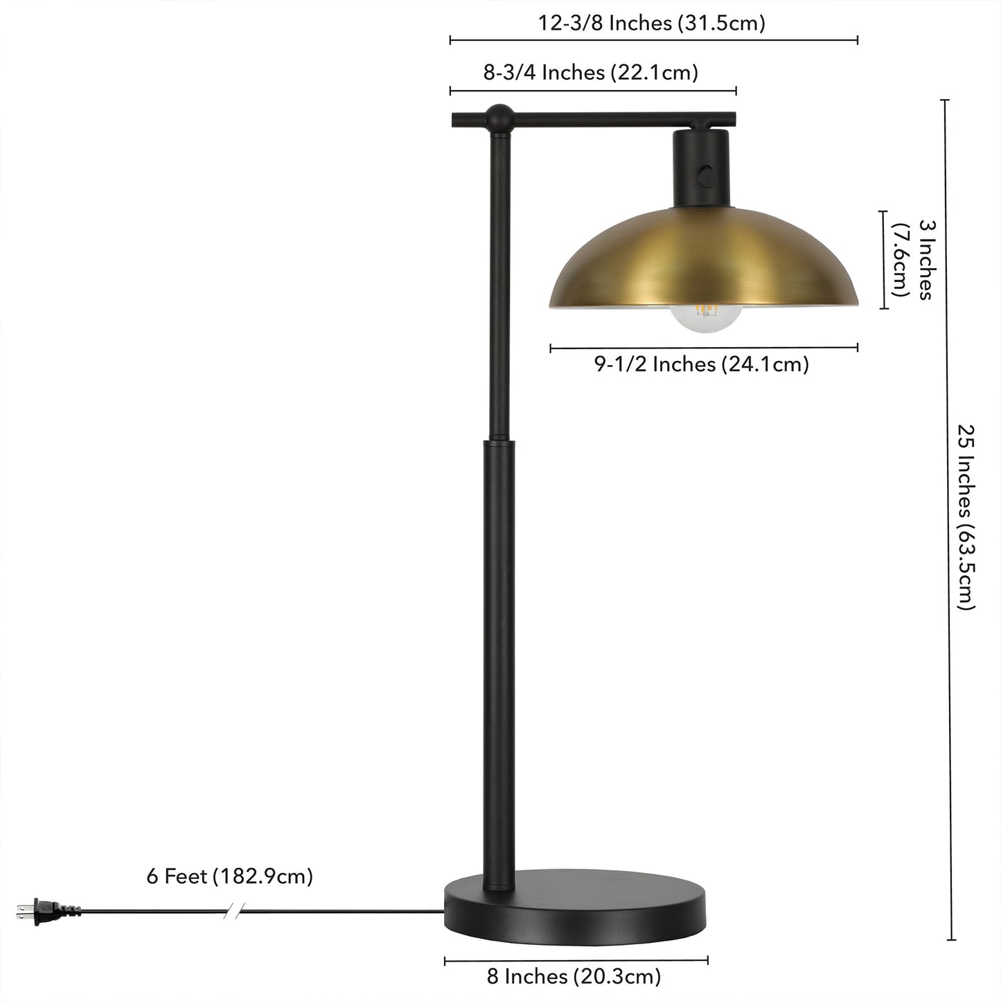 25" Black Metal Desk Table Lamp With Gold Bowl Shade