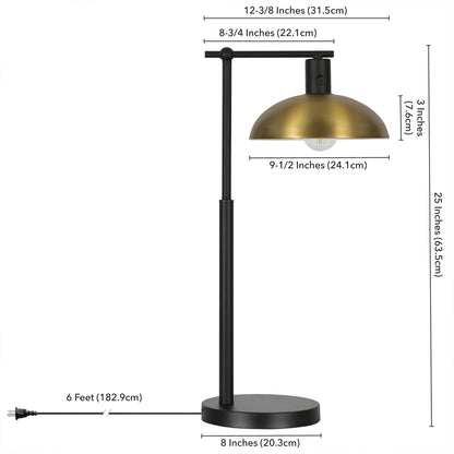 25" Black Metal Desk Table Lamp With Gold Bowl Shade