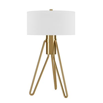 25" Brass Metal Two Light Tripod Table Lamp With White Drum Shade