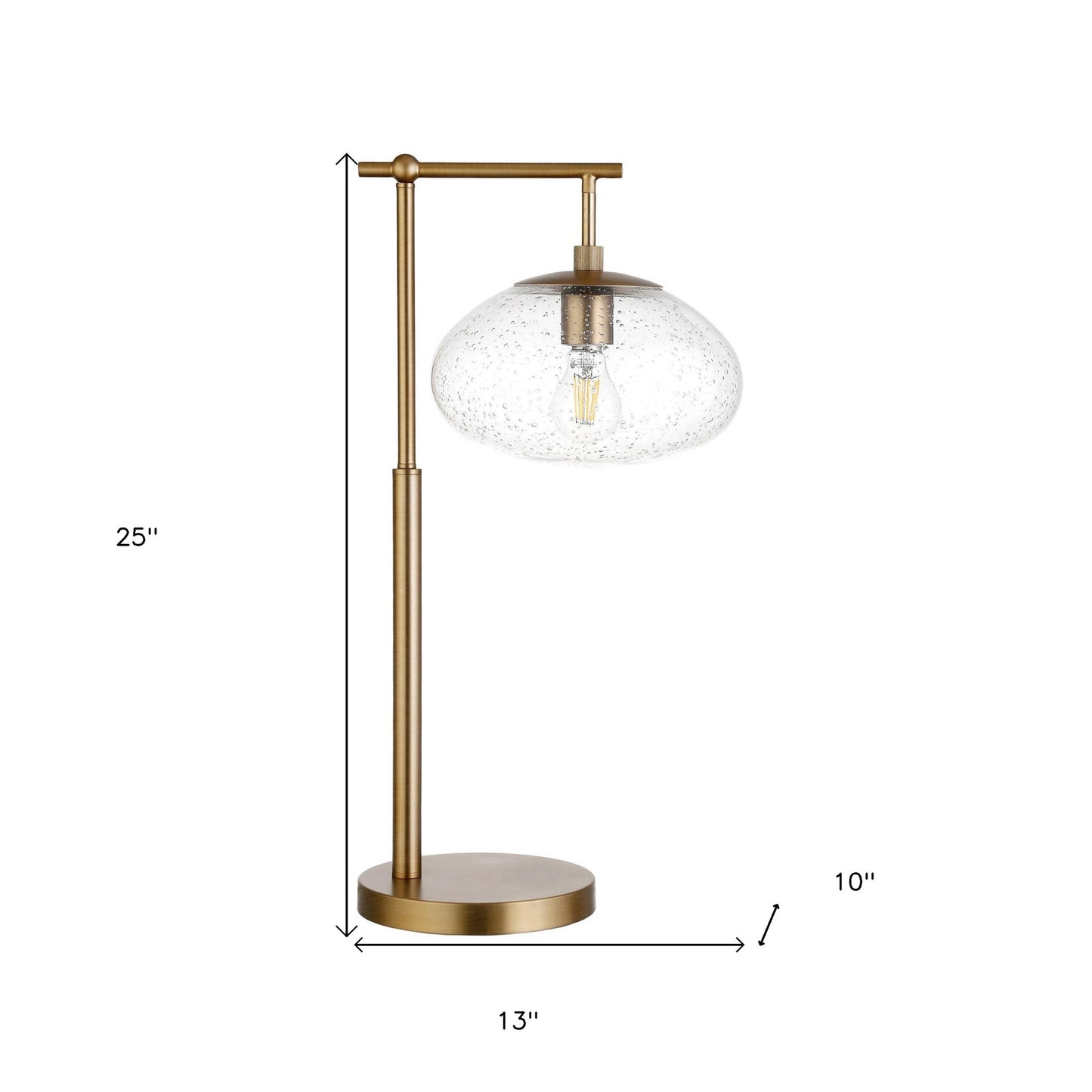 25" Brass Metal Arched Table Lamp With Clear Seeded Globe Shade