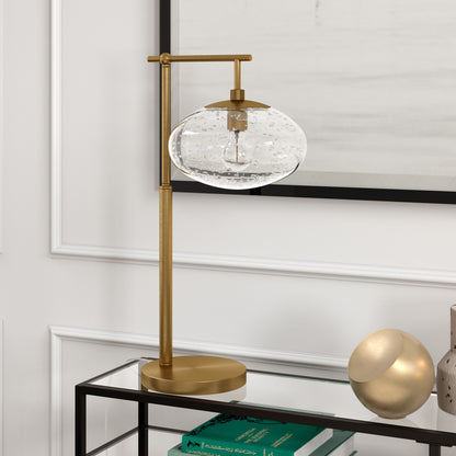 25" Brass Metal Arched Table Lamp With Clear Seeded Globe Shade