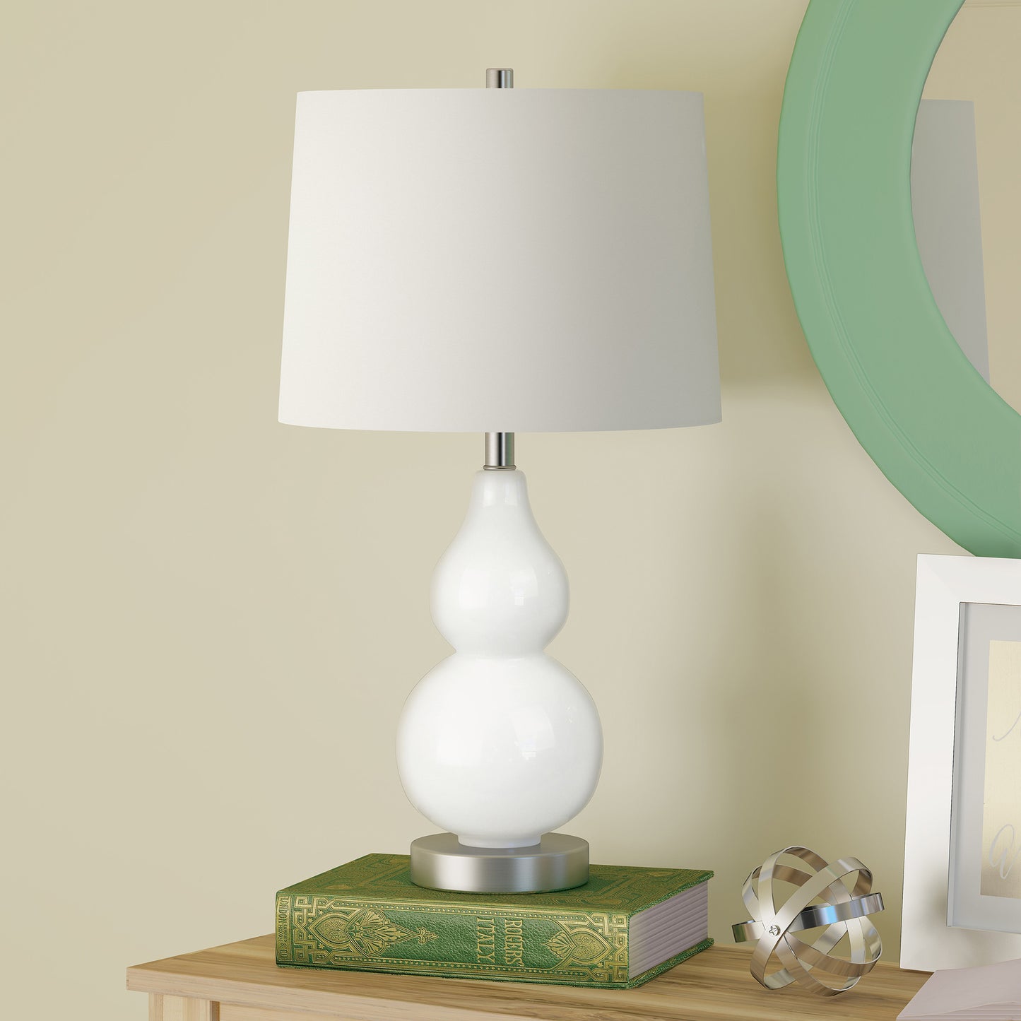 21" White Glass Gourd Table Lamp With White Drum Shade