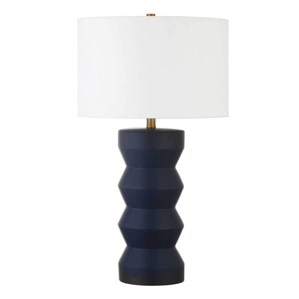 28" Navy Blue Geometric Table Lamp With Drum Shade HomeRoots