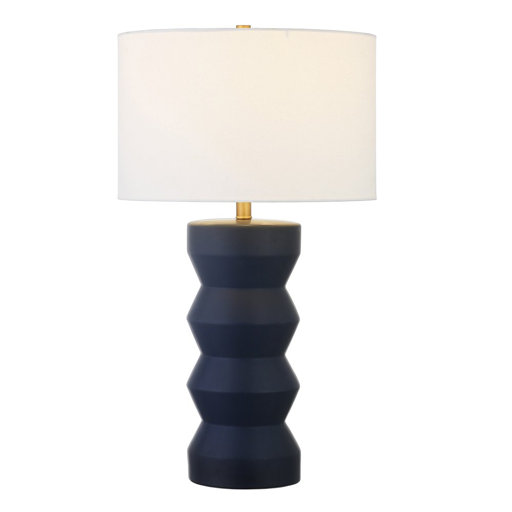 28" Navy Blue Geometric Table Lamp With Drum Shade HomeRoots